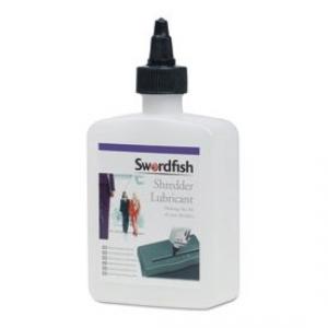 White plastic bottle of Swordfish Shredder Oil Lubricant with a black nozzle, featuring a purple label and text, designed for maintaining shredders, pack of 5.