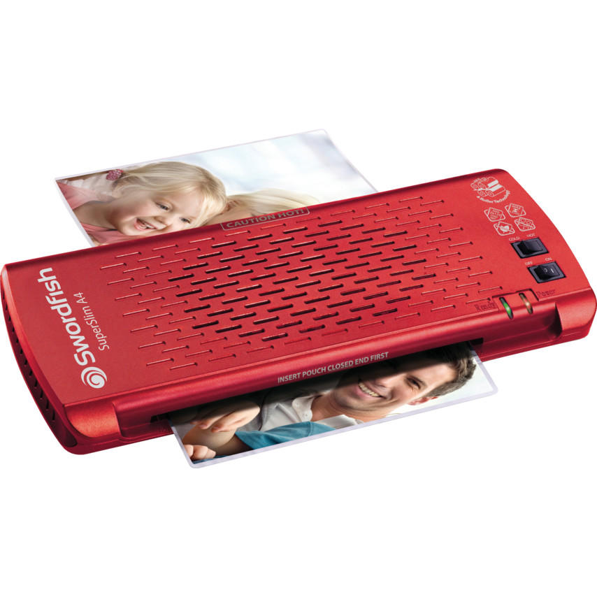 Red Swordfish SuperSlim A4 Laminator features a sleek design with a textured surface, four rollers, and a slot for inserting laminating pouches, showcasing two laminated photos.