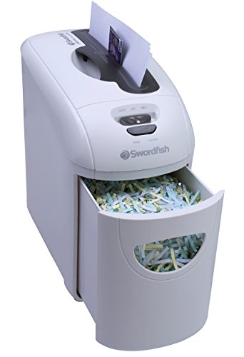 White cross-cut shredder with a pull-out drawer filled with shredded paper, featuring a control panel on top for easy operation and a slot for feeding documents.