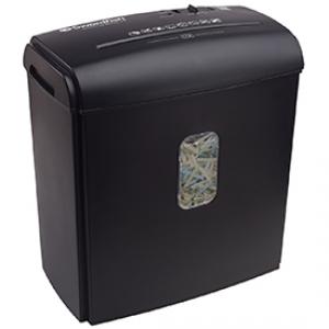 Black cross-cut shredder with a transparent window showing shredded paper inside, featuring a top control panel and a compact design for home or office use.