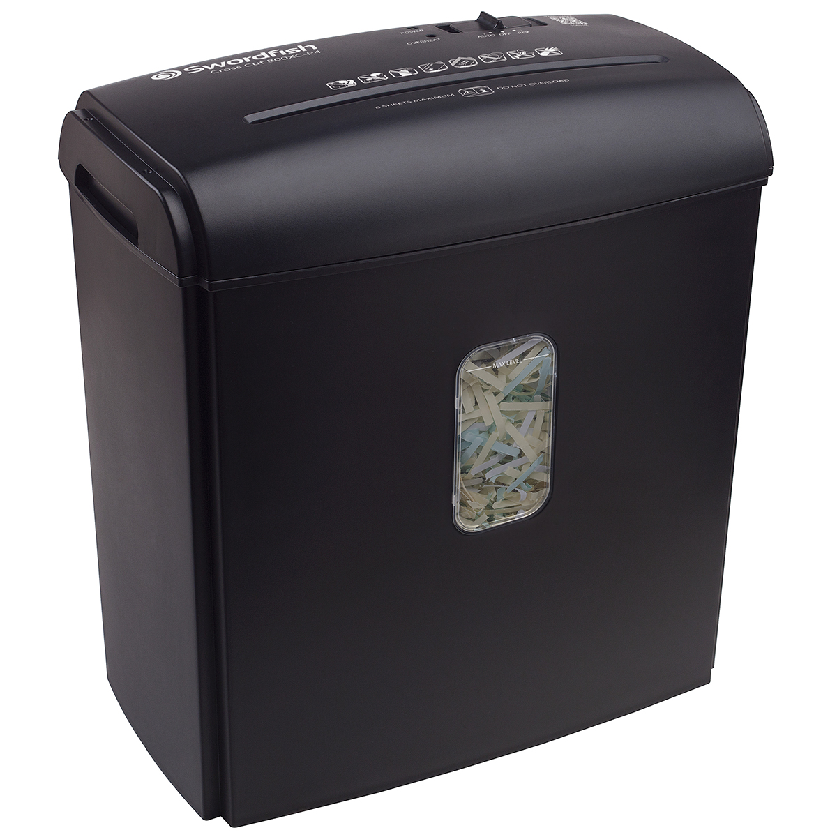 Black cross-cut shredder with a transparent window showing shredded paper, featuring a top control panel with buttons and a sleek, modern design.