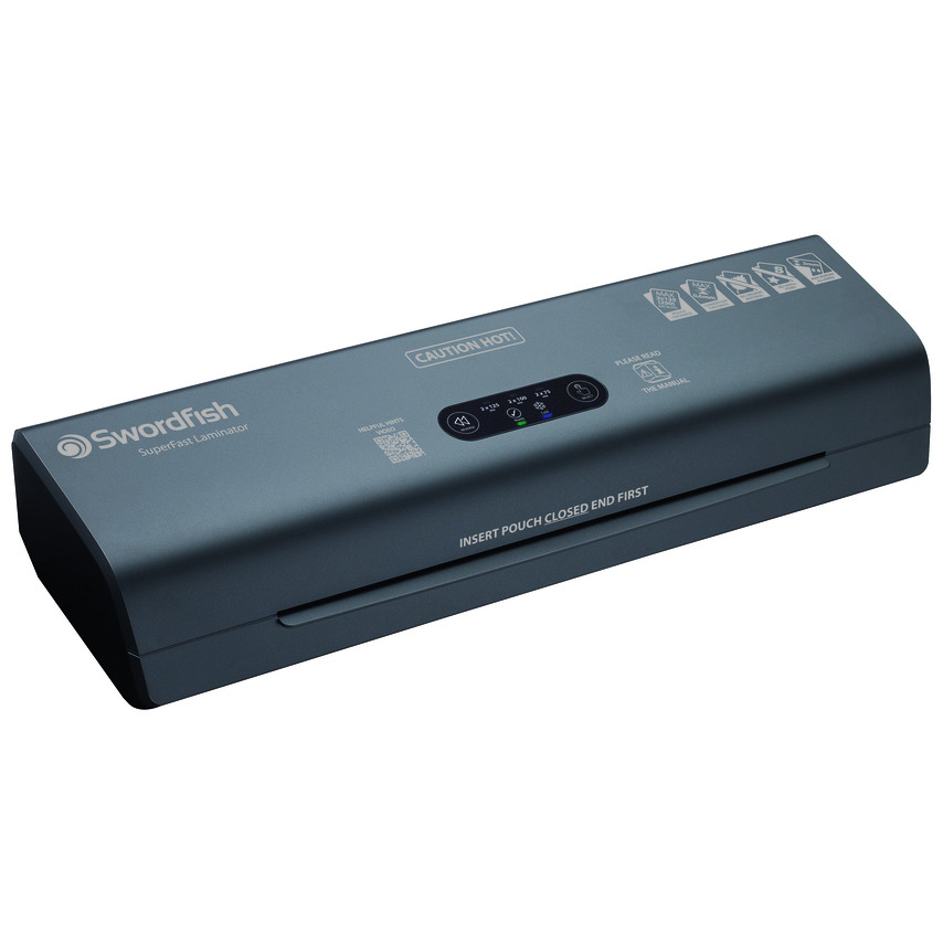 Silver Swordfish SuperFast Laminator features a sleek design with control buttons, a warning label, and a slot for inserting pouches, ideal for laminating documents efficiently.