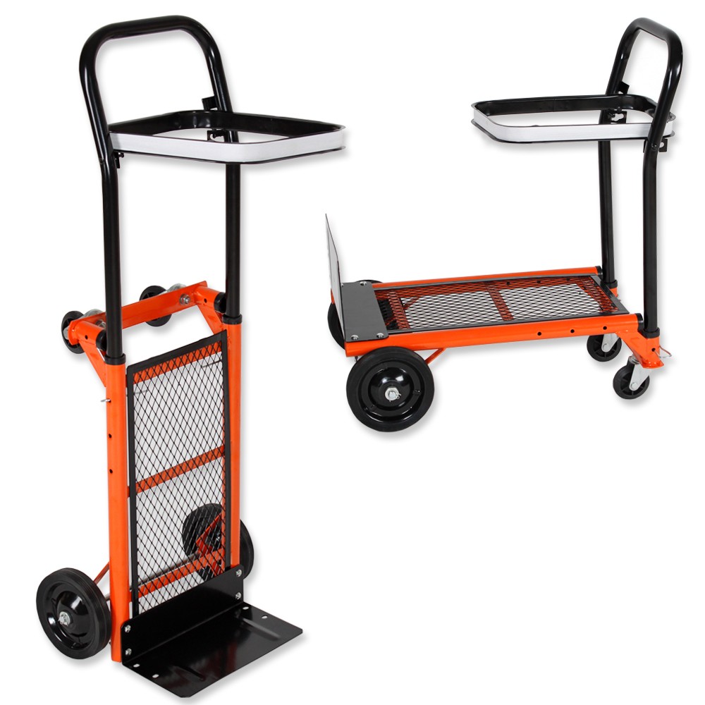 Orange Tectake sack barrow with a sturdy black metal frame, mesh base, and two large wheels, designed to carry loads up to 80kg, featuring a flat top surface for stability.