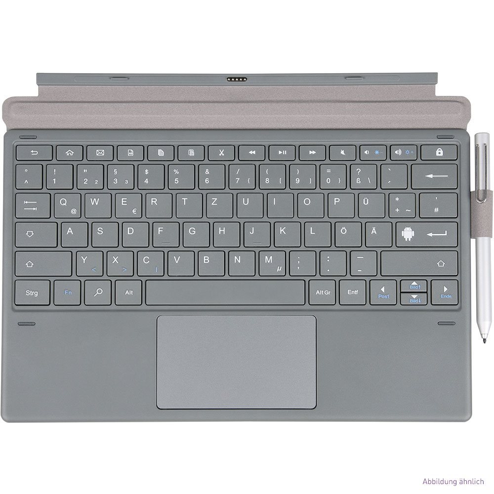 Gray Type Cover Pad with a full keyboard layout, featuring a textured surface, large trackpad, and a slot for a stylus, designed for a sleek, modern look.