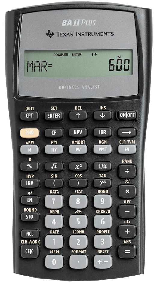 Texas Instruments BA-II Plus financial calculator in black, featuring a clear display, numerous function keys, and a compact design suitable for pocket use.