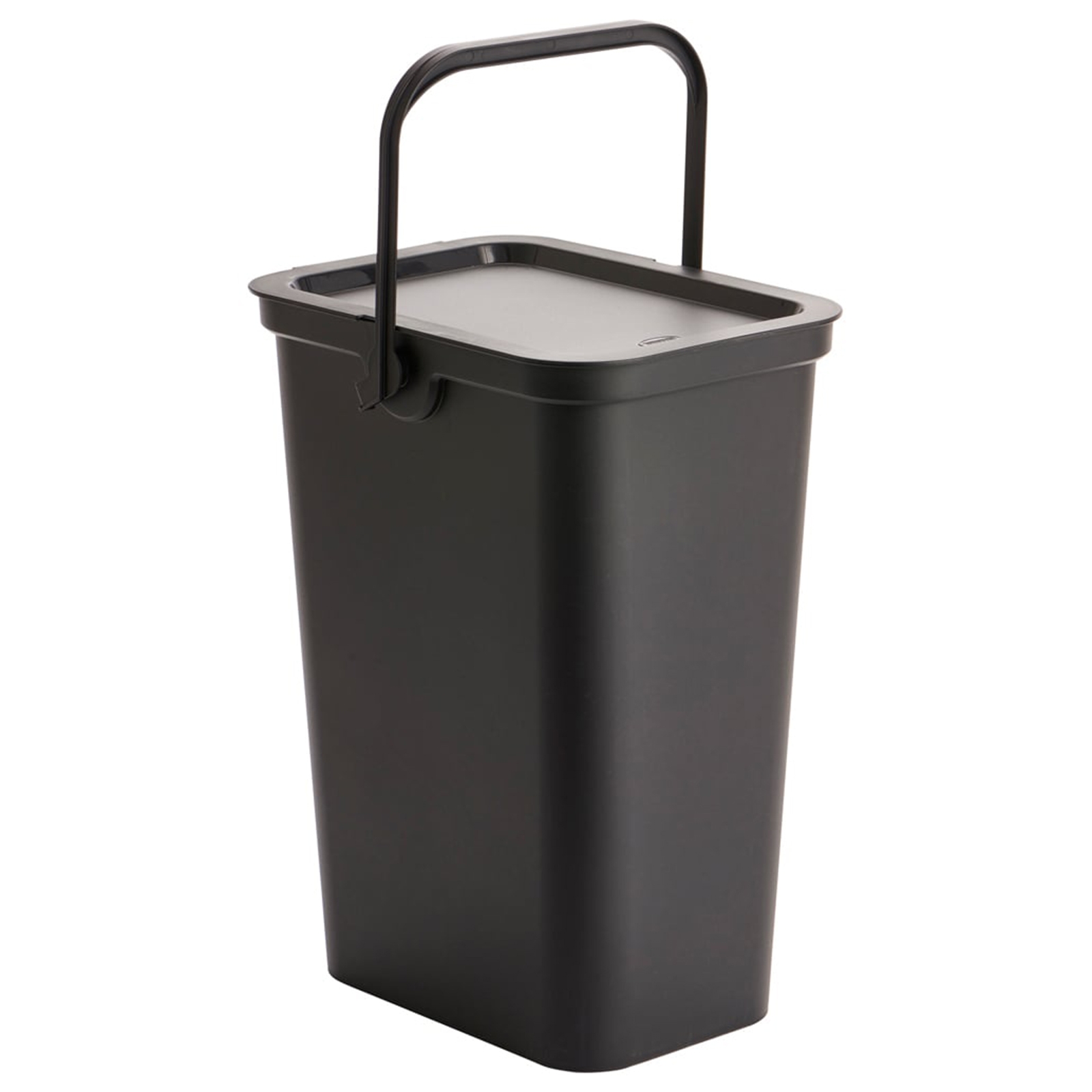 Black 25L recycling bin with a sturdy handle and a flat lid, made of durable plastic, featuring a rectangular shape ideal for waste separation.