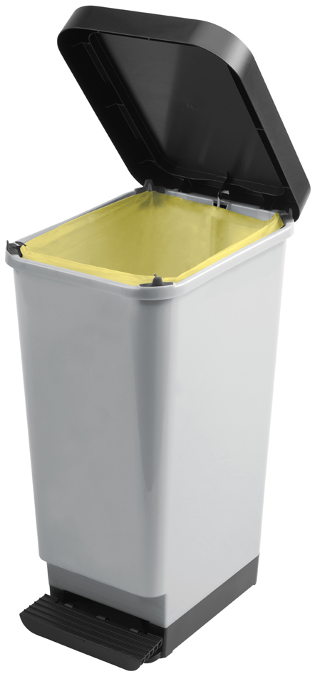 Gray 45L pedal bin with a black lid and foot pedal, featuring a yellow inner liner and a sleek, modern design suitable for home or office use.