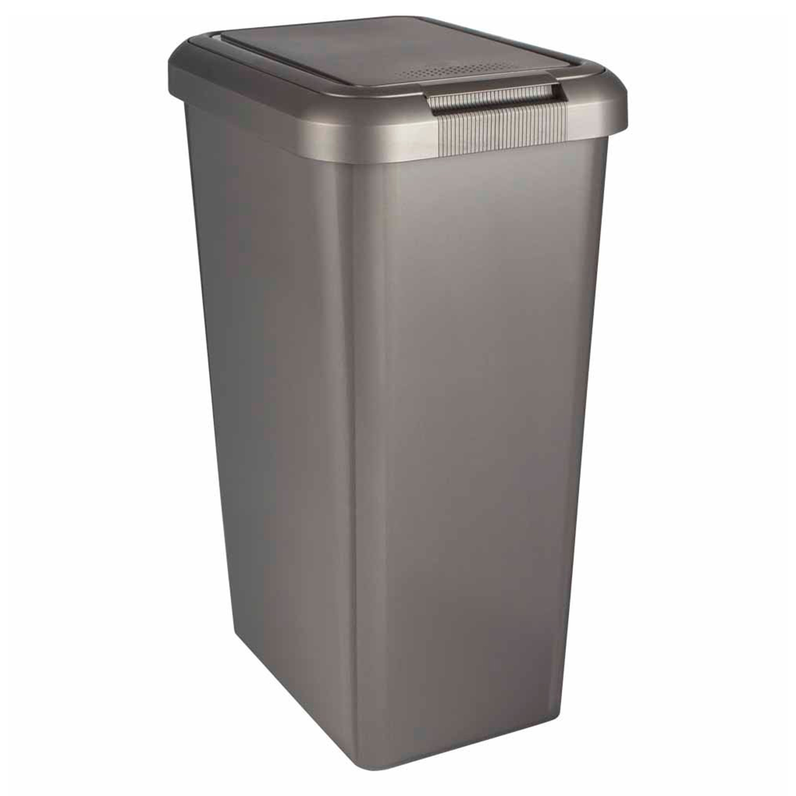 Platinum-colored 45L swing and lift bin with a sleek design, featuring a hinged lid and textured grip for easy access.