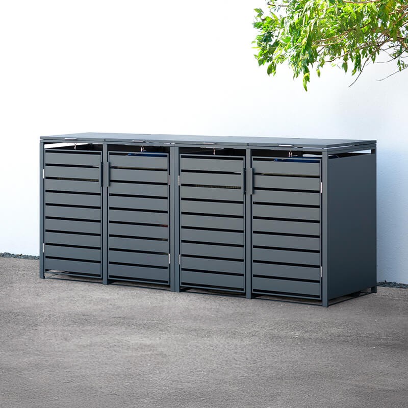 Anthracite metal wheelie bin store featuring four compartments with slatted doors, measuring 2.64m x 0.80m, designed for outdoor storage and organization.