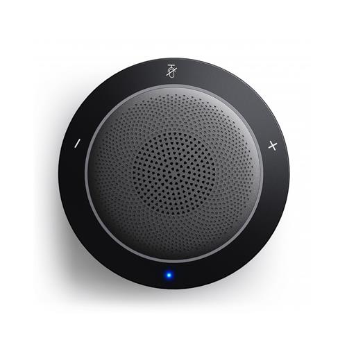 Round black speaker with a textured grey mesh surface, featuring volume control buttons and a blue LED indicator, designed for wired connectivity.