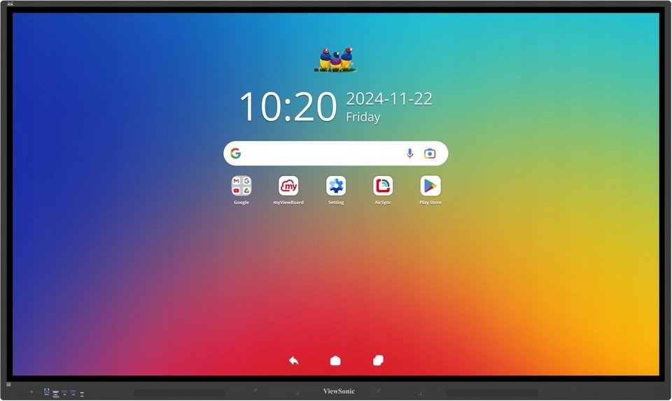 Interactive whiteboard featuring a 65-inch display with a vibrant gradient background, displaying the time and various app icons at the bottom, framed in a sleek black bezel.