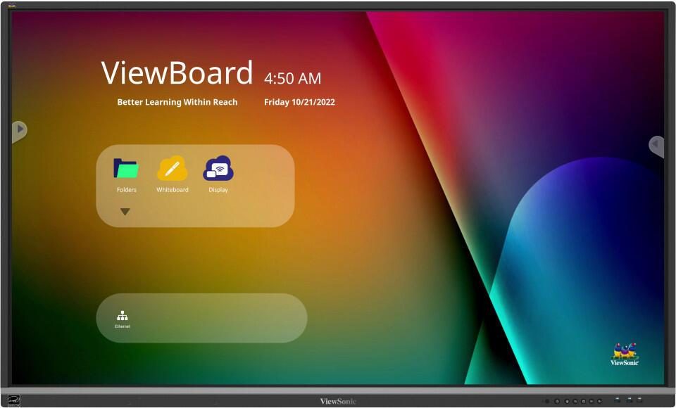 Interactive whiteboard with a 65-inch display, featuring a vibrant color gradient background, icons for folders, whiteboard, and display, and the Viewsonic logo in the corner.