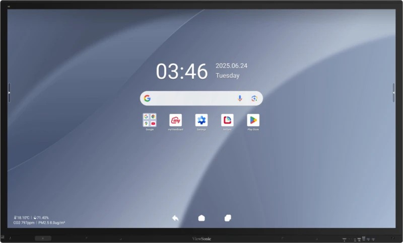 75-inch Viewsonic IFP7563-1C interactive whiteboard with a sleek black frame, featuring a high-resolution 3840 x 2160 display and touchscreen capabilities for interactive use.