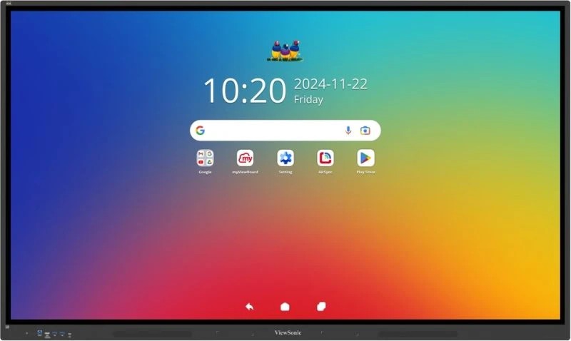 An 86-inch Viewsonic interactive whiteboard with a sleek black frame, displaying a colorful gradient background and various app icons on the screen, including Google and Play Store.