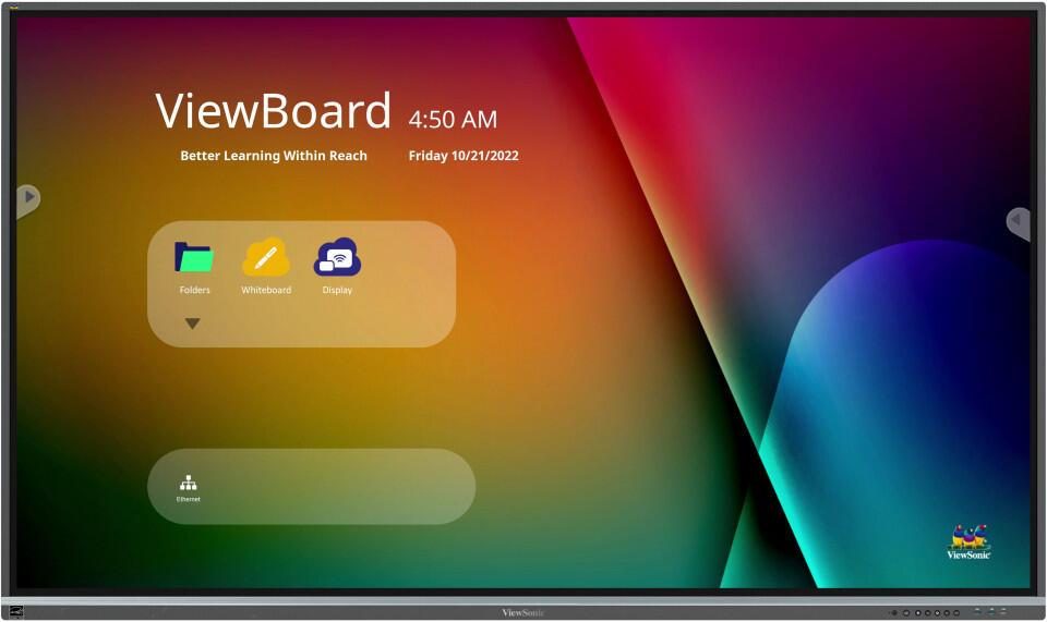 Viewsonic IFP8650-5F interactive whiteboard with an 86-inch screen, featuring a vibrant multi-colored background and user interface icons for folders, whiteboard, and display.