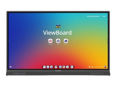 Viewsonic IFP8653 interactive whiteboard features an 85.5-inch display with a 3840 x 2160 resolution, sleek black bezel, and a colorful gradient background on the screen.