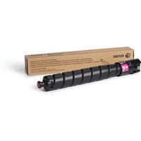 Black Xerox magenta toner cartridge with pink label, cylindrical design, next to brown packaging box.