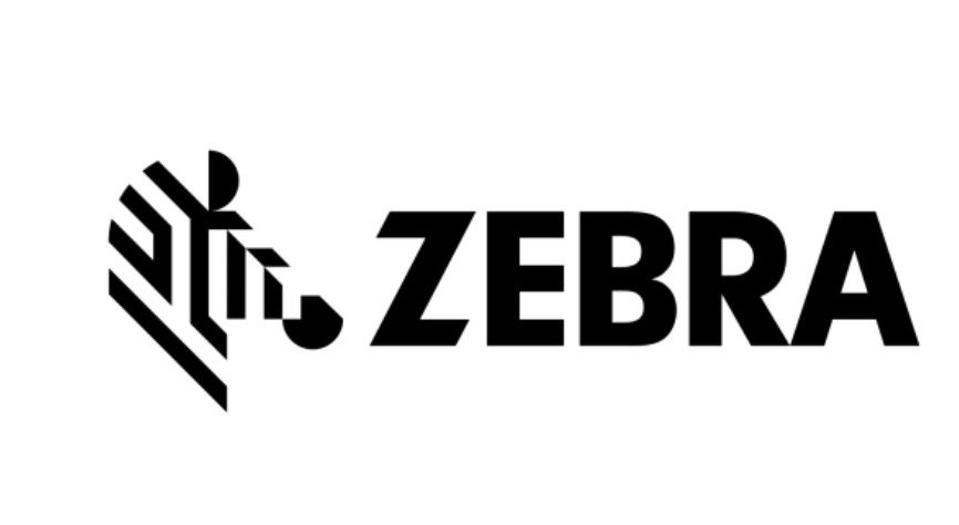 White printer label roll with Zebra branding, featuring a distinct black and white striped design, suitable for various labeling applications.