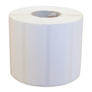 White self-adhesive printer label roll by Zebra, featuring a smooth surface with multiple blank labels and a central core for easy loading into printers.