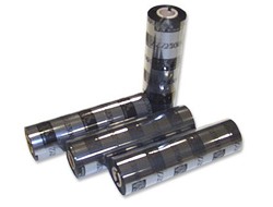 Black self-adhesive printer labels by Zebra, featuring a glossy finish and cylindrical rolls, designed for efficient printing and easy application.