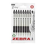 Zebra Pen Z Grip black ballpoint pens 8-pack, retractable with pocket clip, black ink, clear barrel, zebra design packaging.