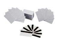 Zebra Premier Plus PVC composite business cards in a pack of 500, featuring a smooth white surface and black magnetic stripe for easy printing and customization.