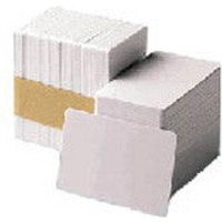 White Zebra Premier PVC cards, 30 mil thickness, stacked in five packs of 100 with a cardboard band.