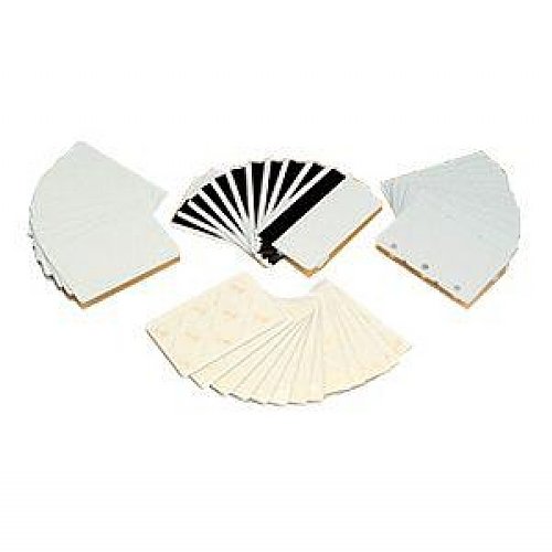Zebra Premier PVC Card pack featuring 500 blank white cards, including various card types with rounded corners and a smooth finish, ideal for printing and customization.