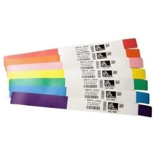 Self-adhesive Zebra Z-Band Splash labels in various colors, including orange, pink, yellow, and purple, with printed barcodes and identification details.