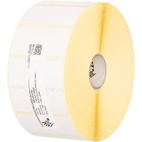 White Zebra Z-Select 2000D self-adhesive printer label roll with yellow backing and printed barcode.