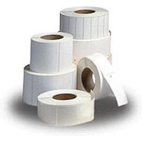 White Zebra Z-Select 2000T thermal transfer label rolls, self-adhesive, die-cut, stacked in various sizes.