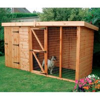 Wooden dog kennel with pent roof, 10' x 4', includes 6' run, wire mesh front, wooden door, and natural wood finish.