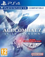 Ace Combat 7: Skies Unknown Top Gun Maverick Edition for PlayStation 4 features a blue sky background, a fighter jet, and a prominent logo with bold text and the Top Gun emblem.