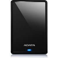 Black ADATA HV620S external hard drive, sleek design, glossy finish, blue LED indicator, Micro-USB B port.