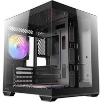 Black Antec mini tower computer case with glass panels and RGB fan.