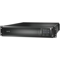 Black APC Smart-UPS with LCD display, rack-mountable design, 8 C13 and 1 C19 outlets, USB port, expandable runtime.