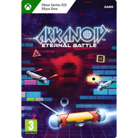 Xbox game cover for "Arkanoid - Eternal Battle" with neon graphics, brick patterns, and futuristic paddles.