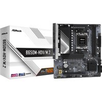 ASRock B650M-HDV/M.2 micro ATX motherboard with black PCB, silver heatsinks, and multiple PCIe slots.
