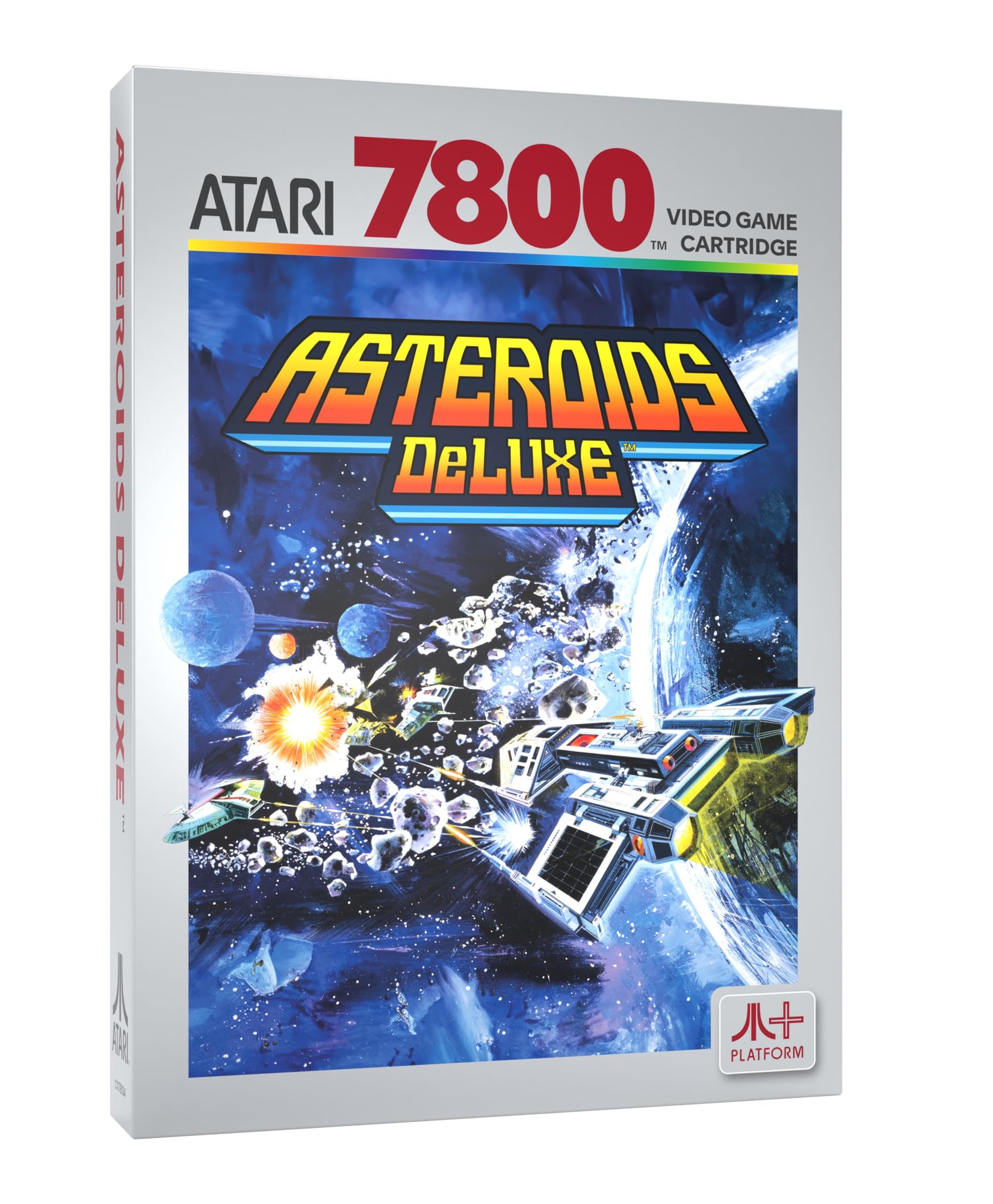 Atari 7800 video game cartridge for "Asteroids Deluxe," featuring vibrant space graphics with colorful asteroids and a spaceship on a blue cosmic background.