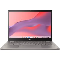 ASUS Chromebook CX34 Flip, grey, 14" touchscreen, slim design, backlit keyboard, ChromeOS interface displayed.