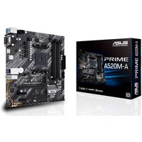 ASUS PRIME A520M-A II/CSM micro ATX motherboard with black PCB, silver heatsinks, and box packaging.
