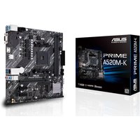 ASUS PRIME A520M-K micro ATX motherboard, black with silver accents, next to its branded box.