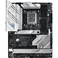 ASUS ROG STRIX B760-A GAMING WIFI motherboard, silver heatsinks, black PCB, LGA 1700 socket, RGB lighting accents.