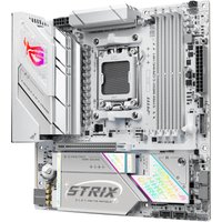 ASUS ROG STRIX B850-G micro ATX motherboard, white with RGB lighting and AMD B850 Socket AM5, WiFi enabled.