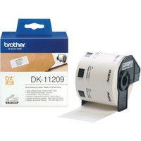 Brother Small Address Labels, white roll with black text, in blue packaging with printer image.