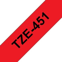 Black text "TZE-451" on red Brother label-making tape, angled across the image.