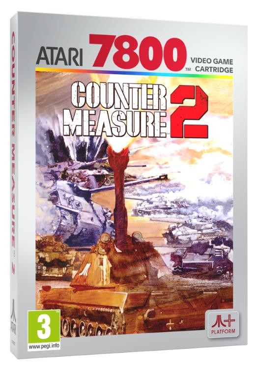 "Countermeasure II" video game cartridge for Atari 7800 features a colorful cover art depicting tanks and military scenes, with bold text and a PEGI 3 rating.