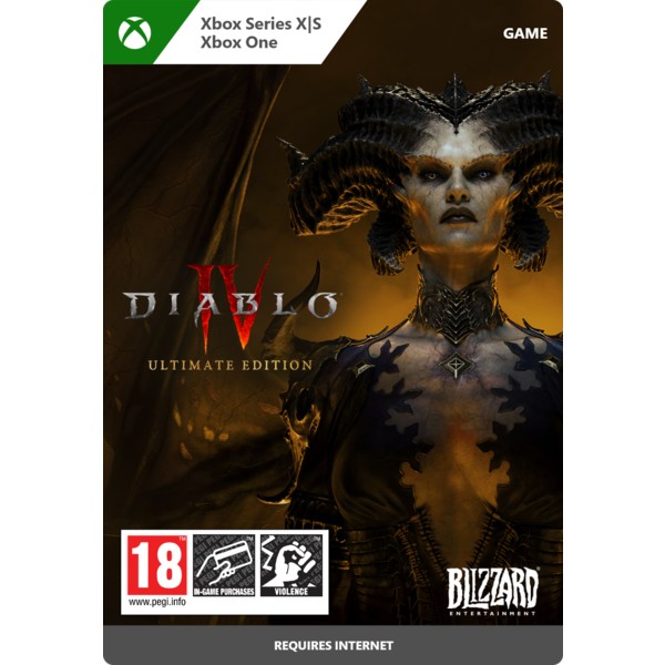 Dark, dramatic cover featuring a horned female character with a fierce expression, set against a shadowy background, with "Diablo IV Ultimate Edition" prominently displayed in red and white text.