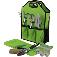 Green and black Draper Expert garden tool set with trowels, pruners, gloves, and storage bag with pockets.