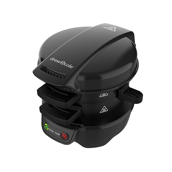 Black Drew & Cole Breakfast Sandwich Maker featuring a sleek design, dual cooking compartments, and indicator lights for power and cooking status.